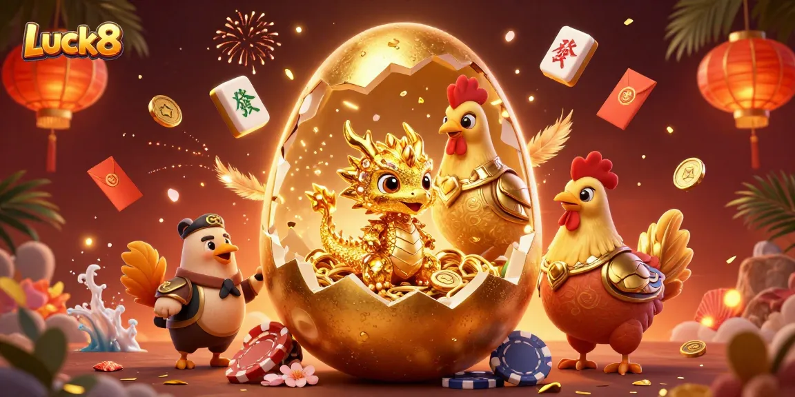 Experience Luck8's festive game environment with a golden dragon revealing poker chips.