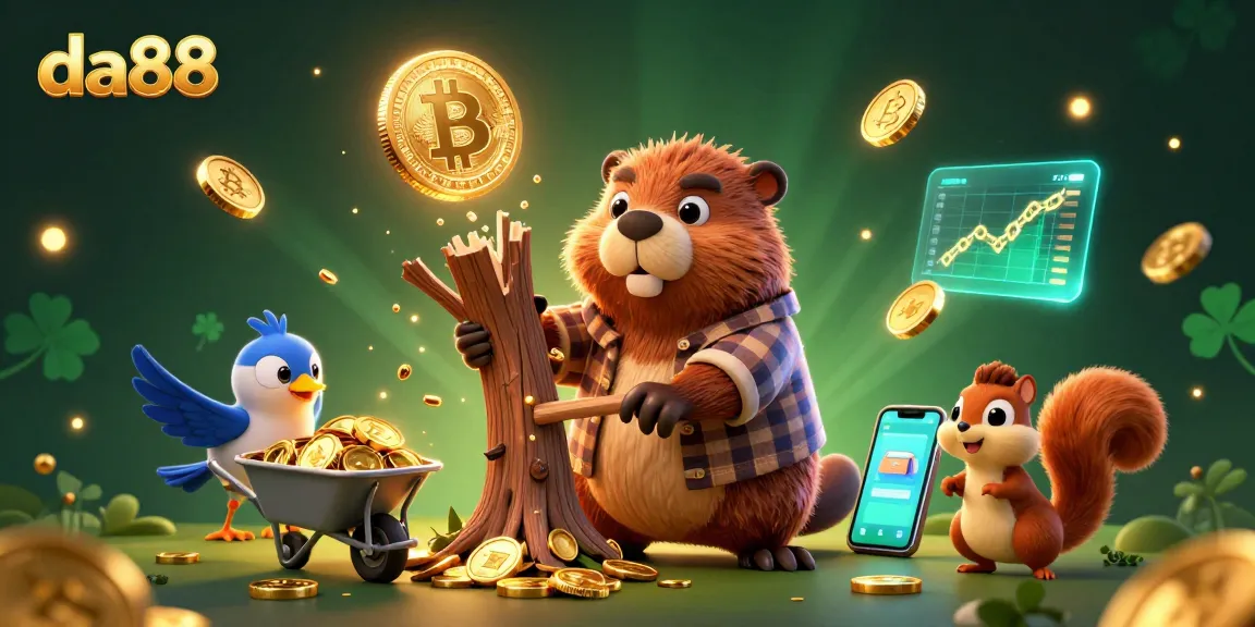 Experience da88's vibrant crypto gaming adventure with a lumberjack beaver and golden coins.