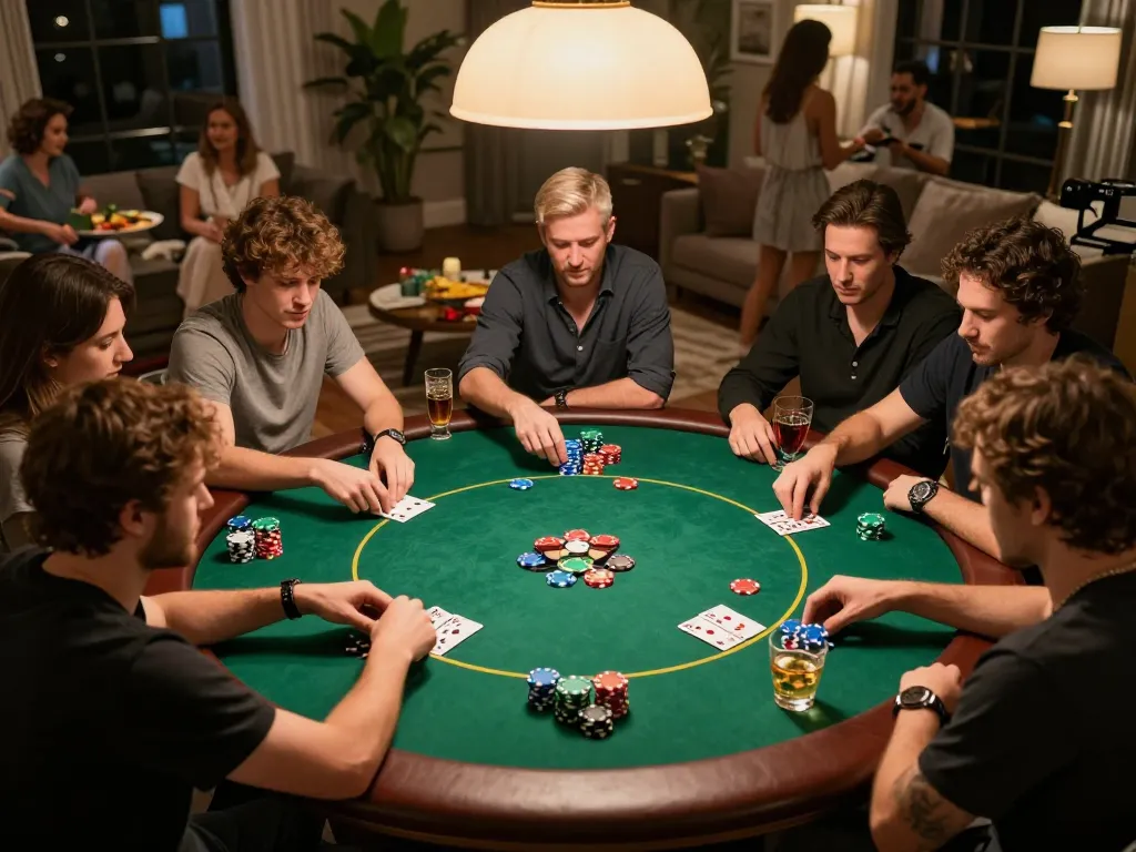Players strategizing during an engaging home poker night at TG88, showcasing excitement and camaraderie
