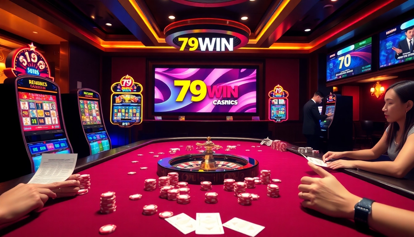Players enjoying dynamic games at 79win casino with colorful slot machines and poker tables.