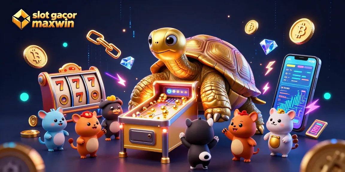Play exciting slot gacor maxwin games with a lively 3D illustration of a golden tortoise pinball machine surrounded by cryptocurrencies and vibrant game elements.
