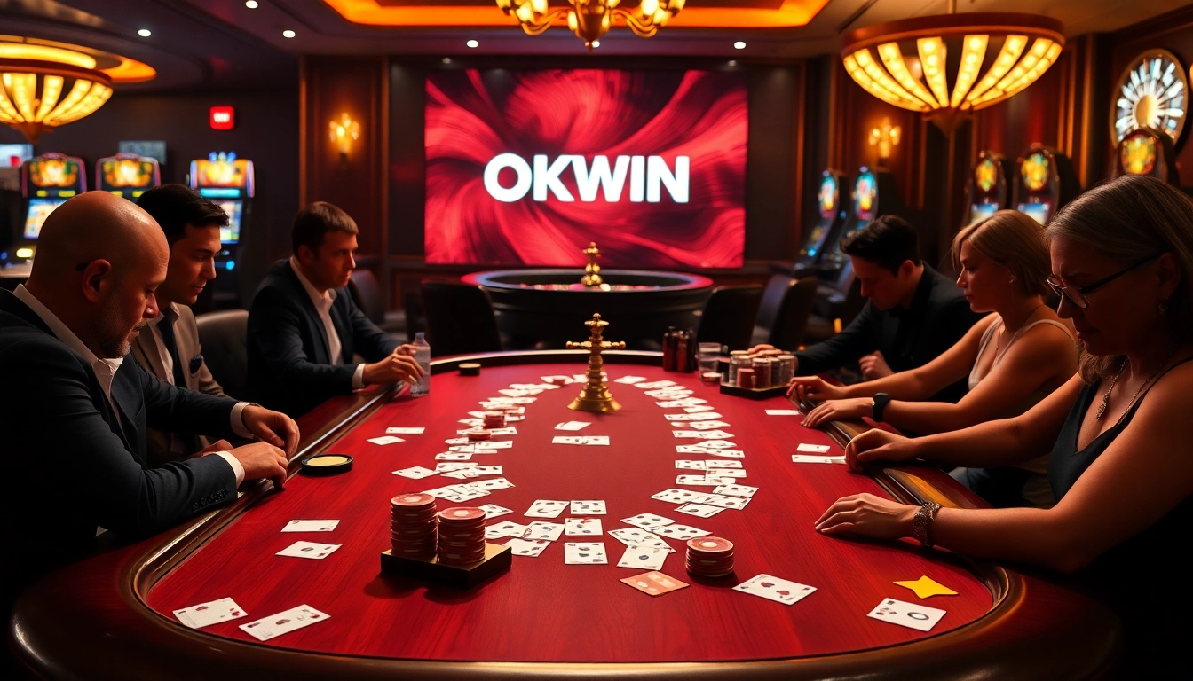 A thrilling poker game experience at OKWIN casino featuring intense players and vibrant slot machines.