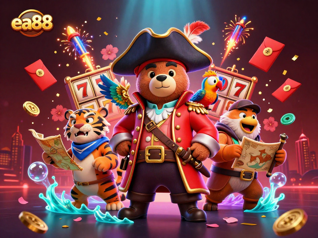 ea88 slots illustration featuring pirate bear and tiger in a vibrant casino adventure