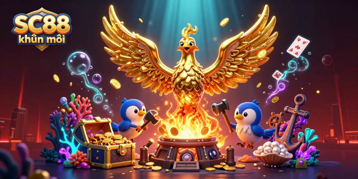 Experience the excitement of SC88 khuyến mãi with mythical creatures and treasures in a vivid casino-themed illustration.