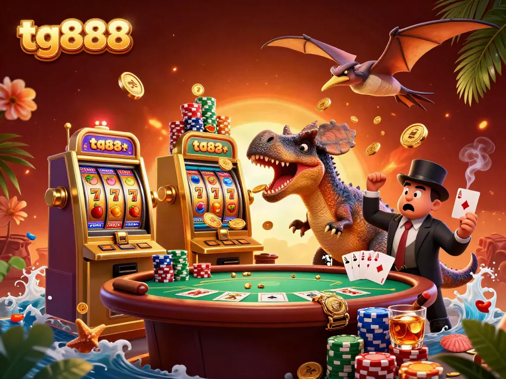 Experience the thrill at tg888 as a charming pachycephalosaurus interacts with a golden slot machine.