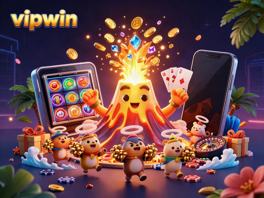 Engage with the vibrant treasures of vipwin casino, featuring a triumphant golden volcano and exciting slot game elements.