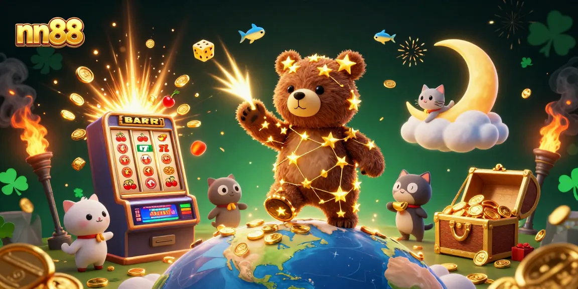 Celebrate winnings at nn88 with an exciting 3D illustration of a golden constellation bear and casino elements.