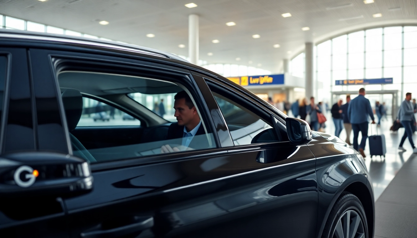 Efficient airport transfer at Luton airport showcasing a professional driver and sleek vehicle.