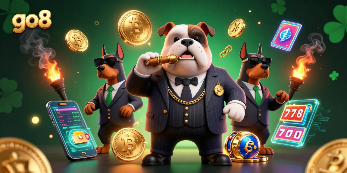 Engage with go8's thrilling slots featuring a mafia bulldog and Doberman bodyguards amidst a vibrant casino