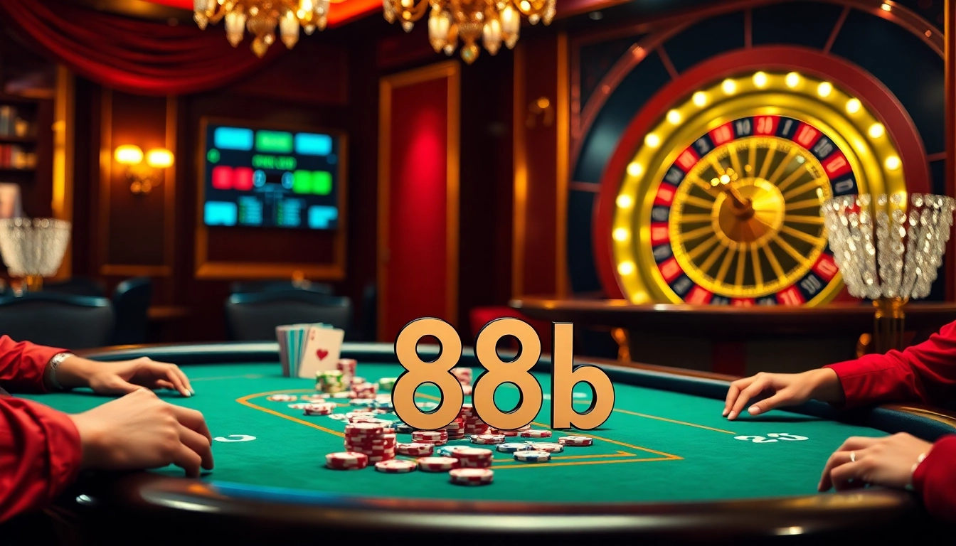 Engaged players at a vibrant poker table showcasing 888b in a luxurious casino setting.