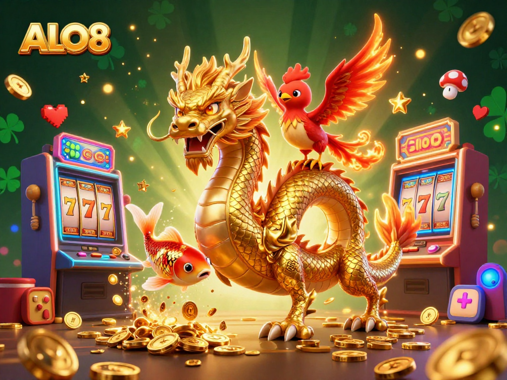 Experience excitement at ALO8 with a golden dragon, fiery phoenix, and vibrant casino elements.