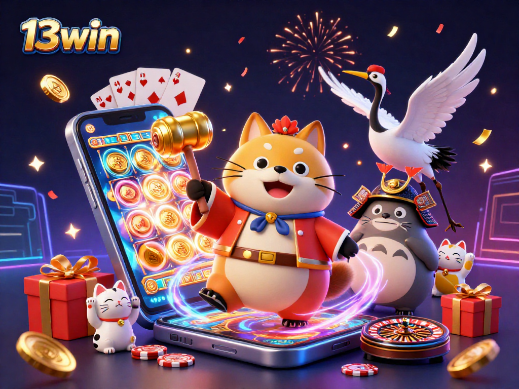 Engage in lively gaming at 13win with cheerful tanuki and festive elements.