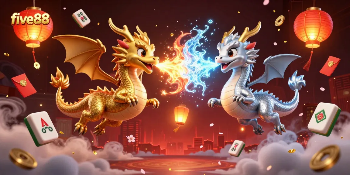 Experience excitement with five88 as gold and silver dragons battle in a vibrant casino fantasy scene.