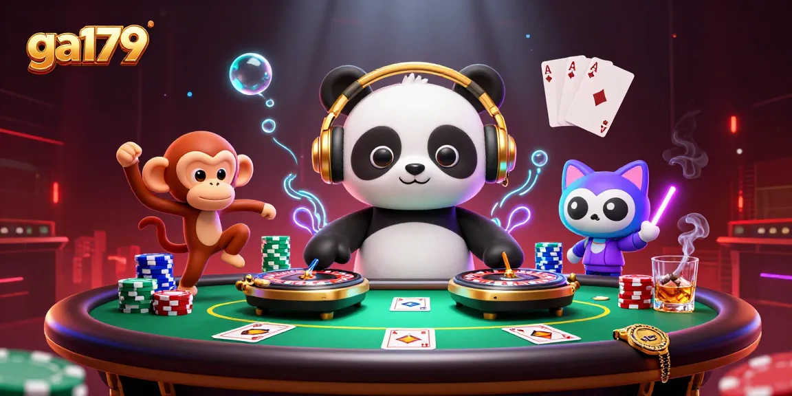 Experience the excitement of casino gaming at ga179 with an intriguing illustration of lively characters and vibrant gaming elements.