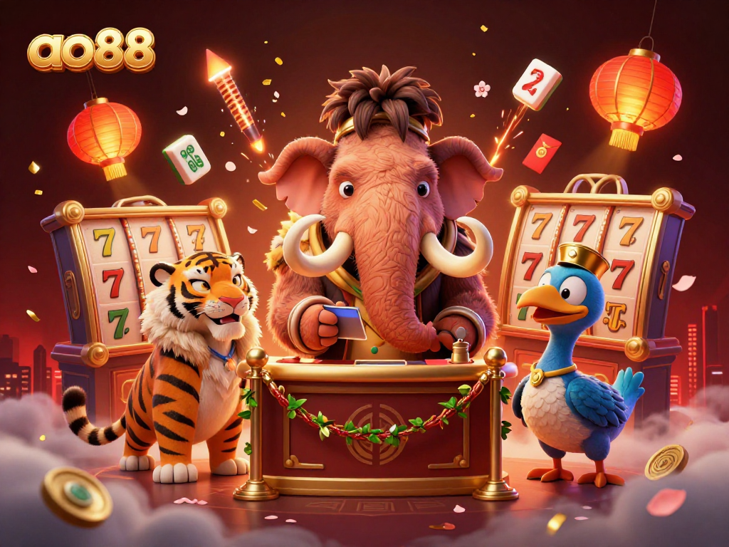 Experience ao88 excitement with a woolly mammoth bouncer and vibrant casino elements in a dynamic scene.