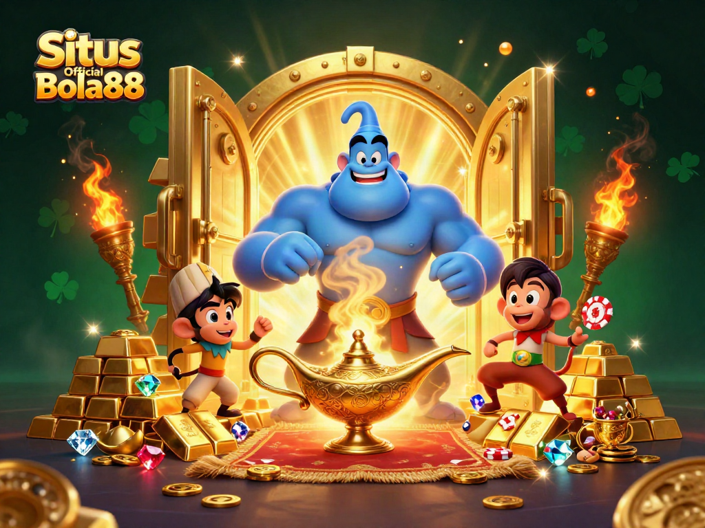 Situs Official Bola88 showcases a dynamic 3D scene with a magical genie, monkey, and rich casino-themed elements.