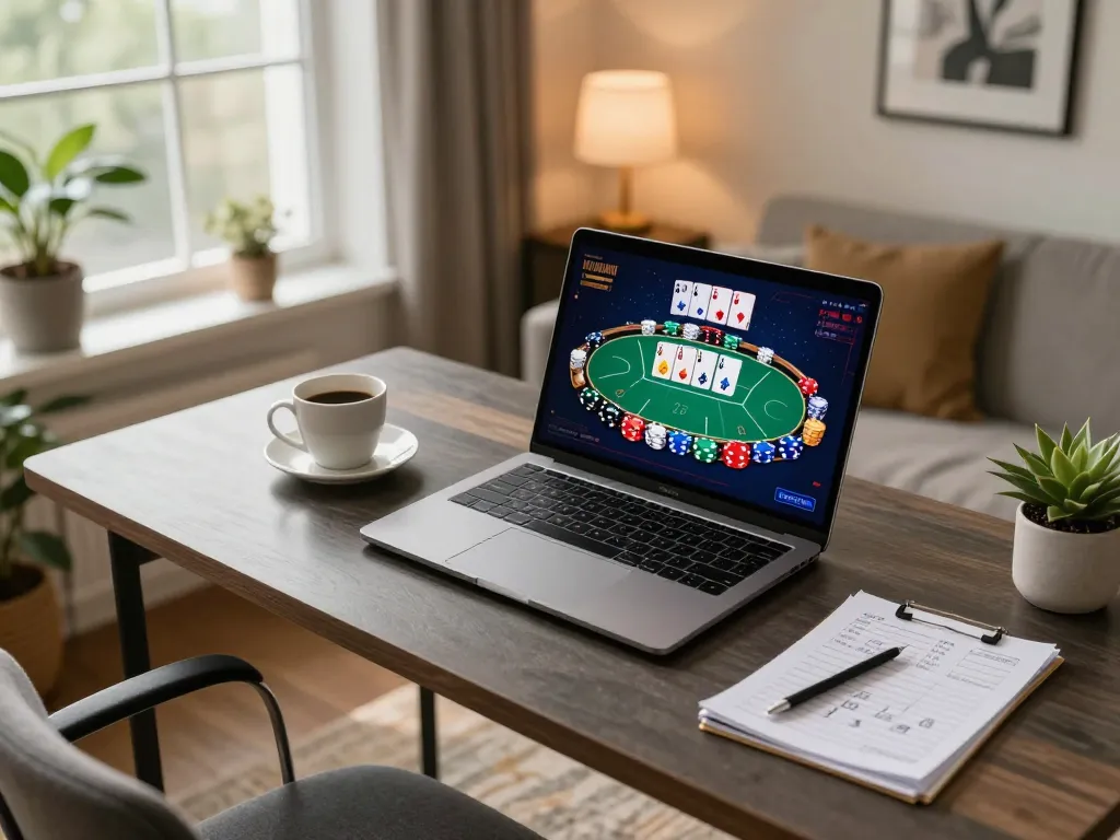 Experience an exciting online poker game with kk44, featuring colorful chips and interactive gameplay on a laptop.