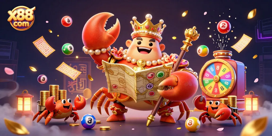 Experience thrilling gameplay at x88 com with a vibrant 3D casino scene featuring a golden crab emperor amidst dynamic gaming elements.