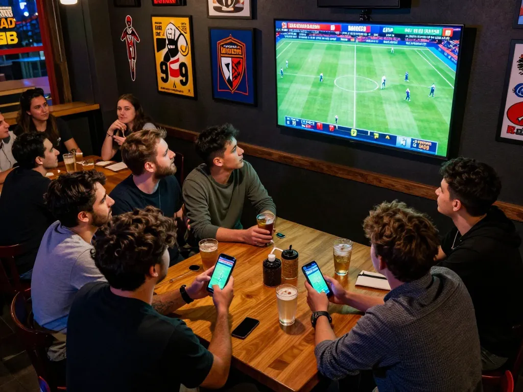 Friends analyzing BONGDASO odds at a lively sports bar, cheering for their bets