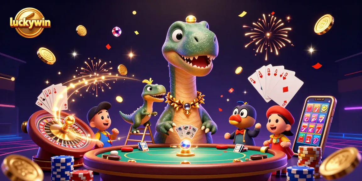 Experience thrilling gameplay at Luckywin as the brontosaurus towers over the poker table, creating a unique casino scene.
