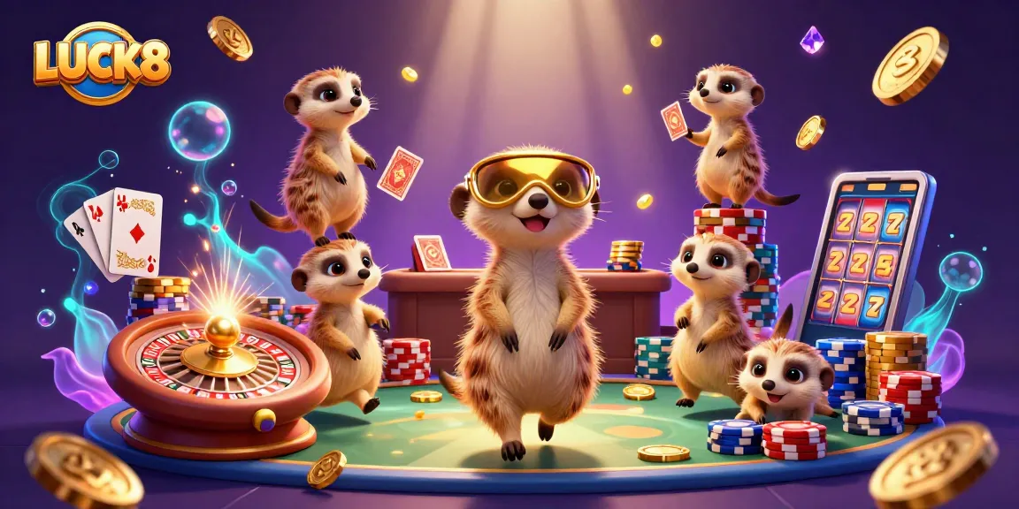 LUCK8 ensures casino excitement with a vivid scene of meerkats orchestrating thrilling games, showcasing roaring wins.