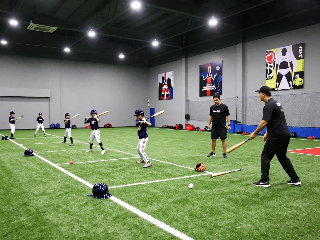 Hitclub training session with young athletes practicing baseball drills indoors, showcasing teamwork and focus.