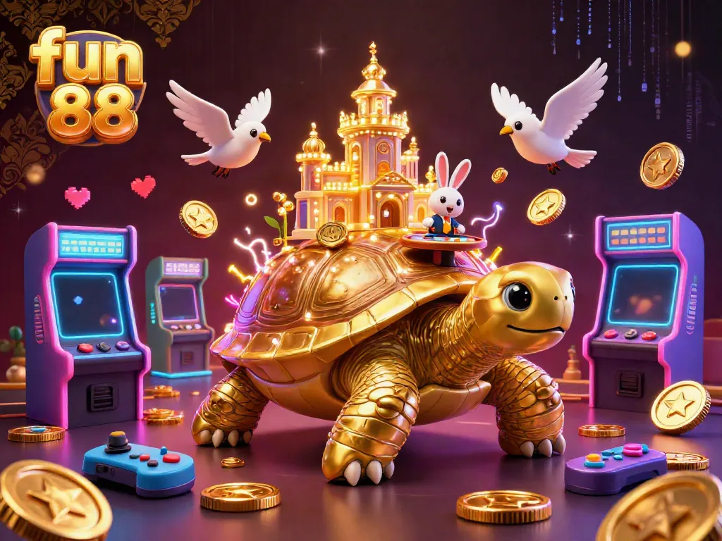 Experience vibrant gambling fun 88 with a cartoon golden tortoise casino, colorful game machines, and a rabbit dealer.
