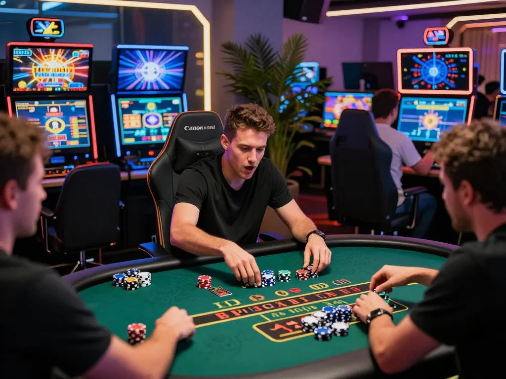 Dynamic gamer's environment featuring gem88 online casino players engaged in an exhilarating game atmosphere.