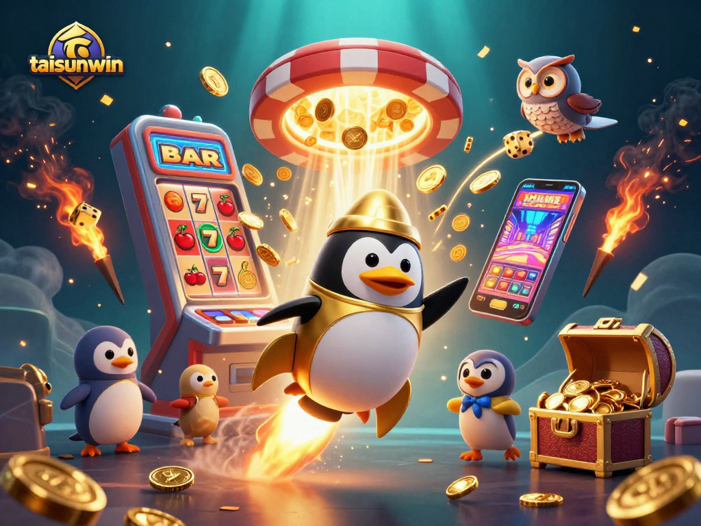 Experience exciting gameplay with taisunwin as the golden penguin takes flight to a casino adventure.