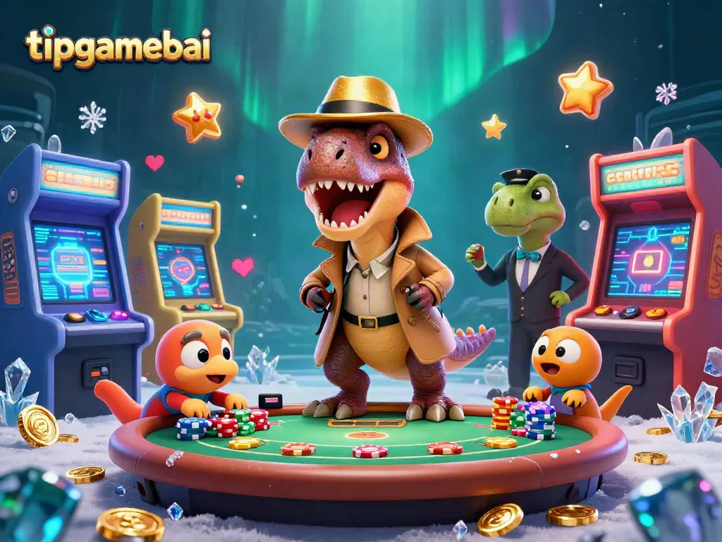 Experience thrilling gameplay at tipgamebai with vibrant 3D casino elements and cartoon dinosaurs.