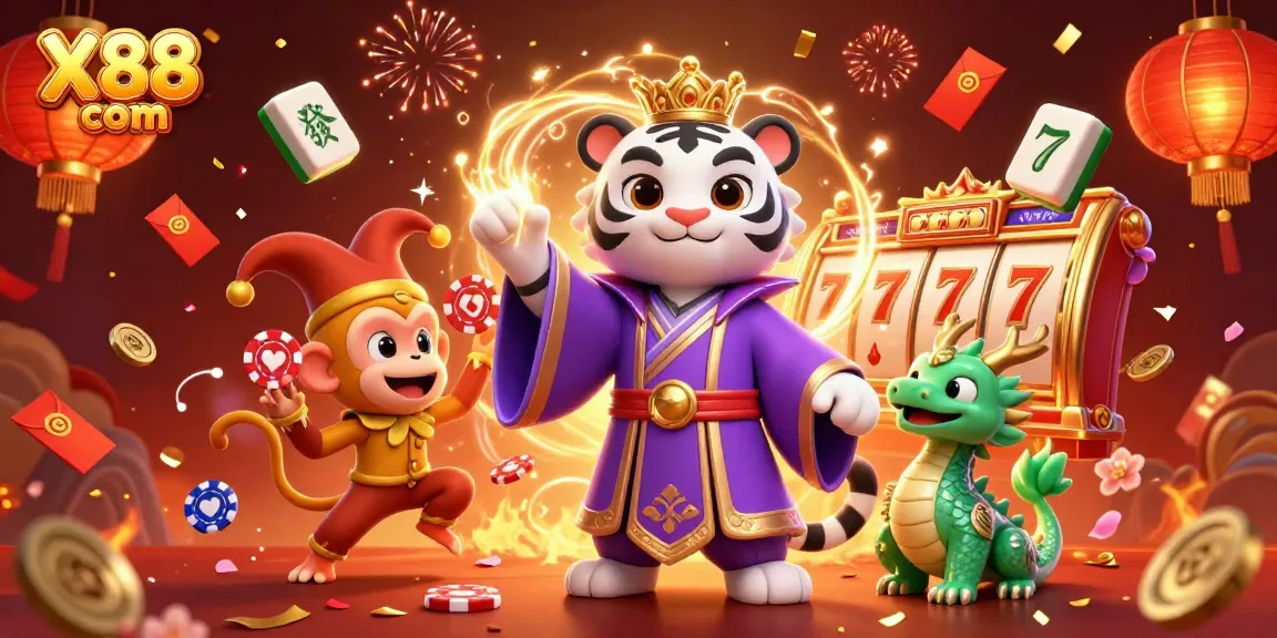 Experience the thrill of X88 com with vibrant characters amidst festive gaming elements.
