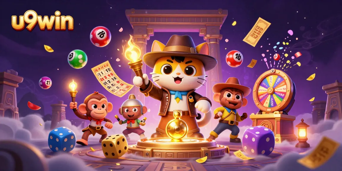 u9win features an explorer cat and monkey in a dynamic golden casino artifact scene.