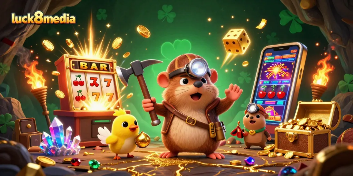 Win big with luck8media's vibrant casino experience, featuring a treasure hunter and winnings.