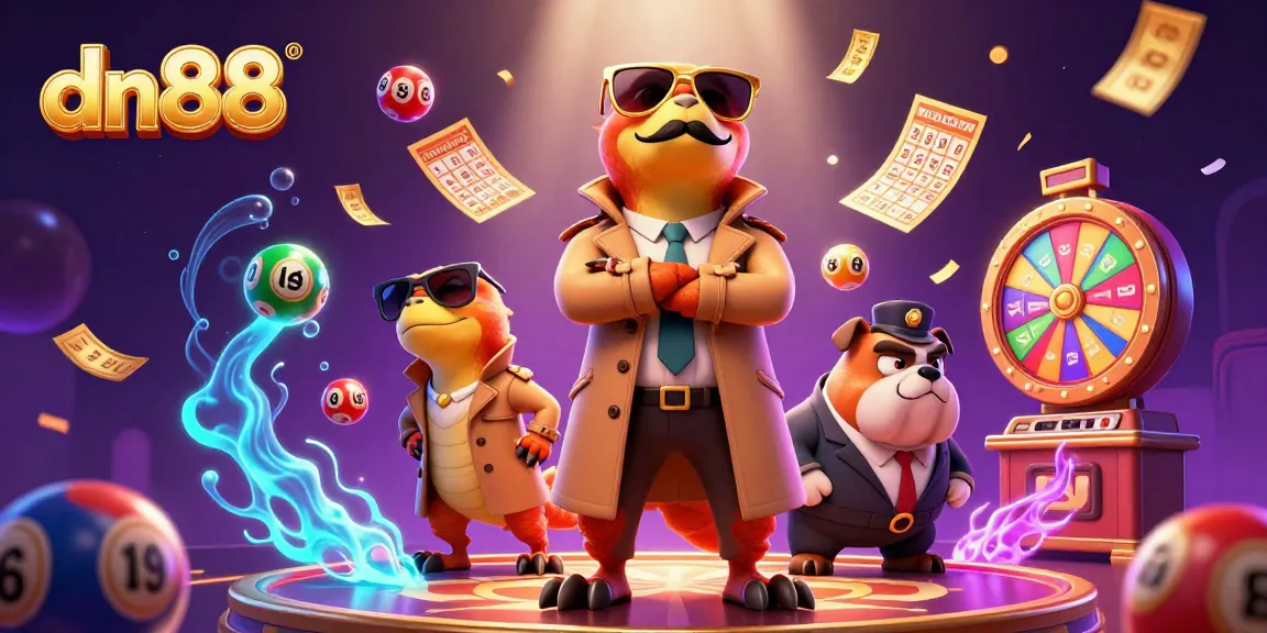 Dive into dn88's vibrant casino world with raptors and dynamic lottery elements in a cartoonish scene.