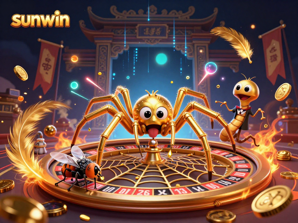 Bet on sunwin with vibrant 3D casino characters spinning a roulette web