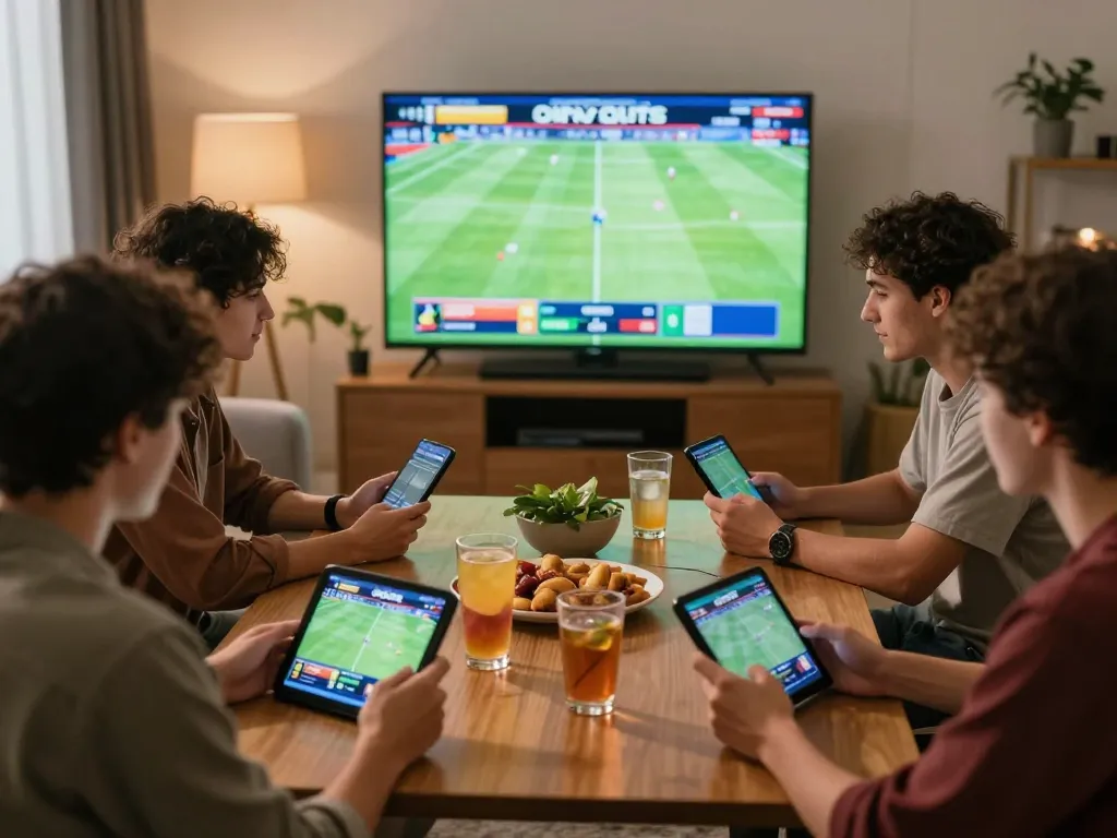 Friends using the 79win app to place bets while watching live sports together