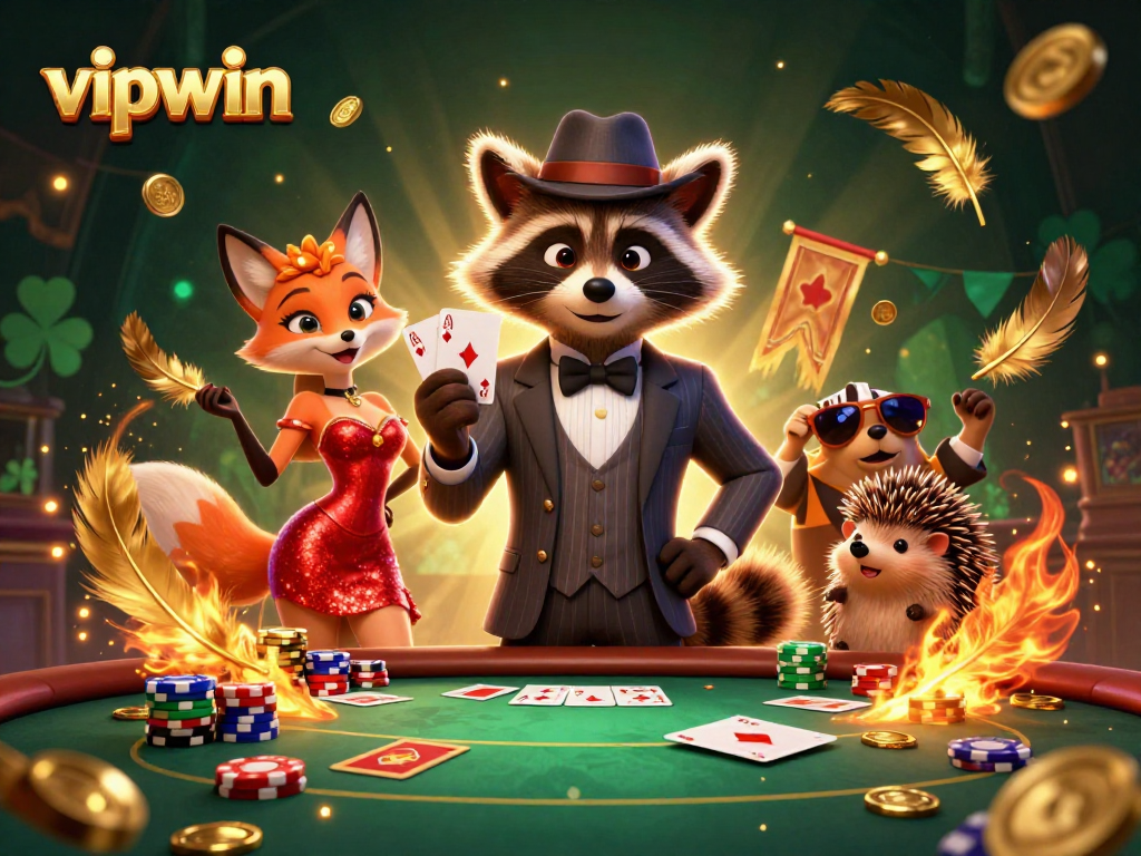 Engage in thrilling poker with vipwin, featuring vibrant characters and a dynamic casino scene.