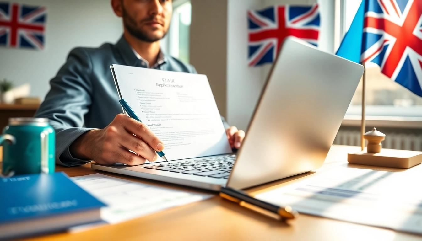 Fill out the eta uk application form on a laptop in a bright office.