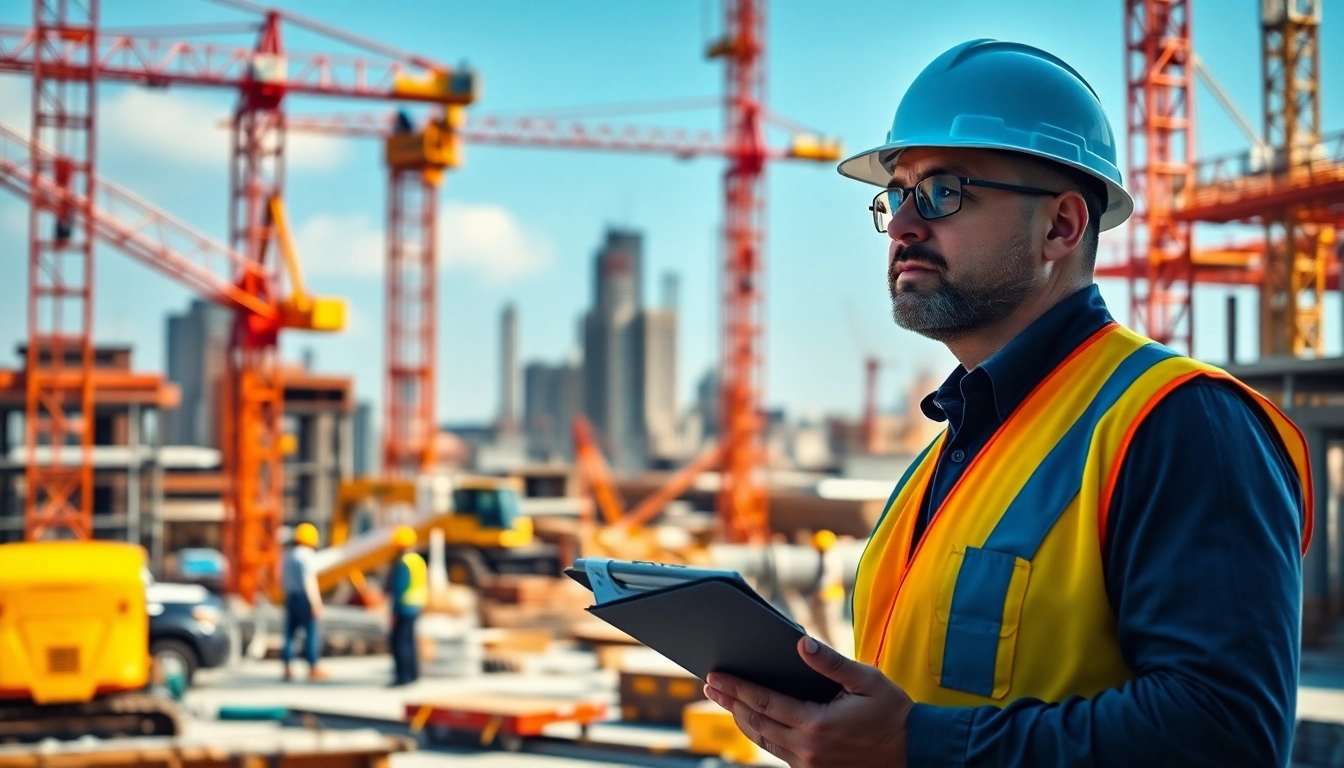 New York Construction Manager leading a busy construction site with workers and cranes.