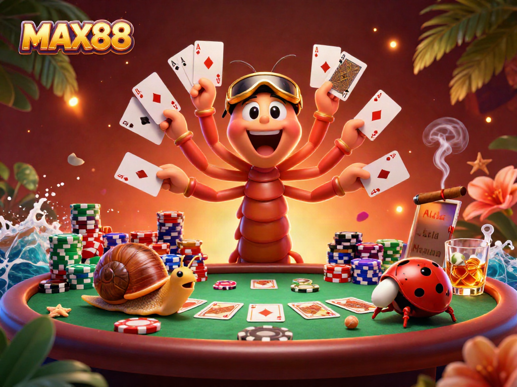 Experience the vibrant gameplay at MAX88 with exciting characters and casino elements in this lively illustration.