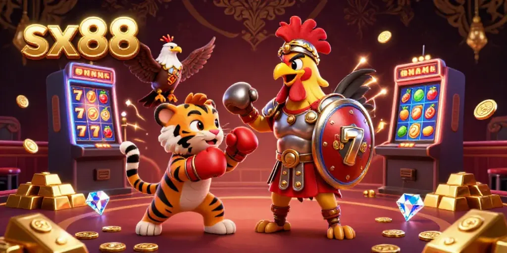 Sx88's 3D casino illustration featuring a rooster gladiator in a vibrant gaming scene with golden treasures.