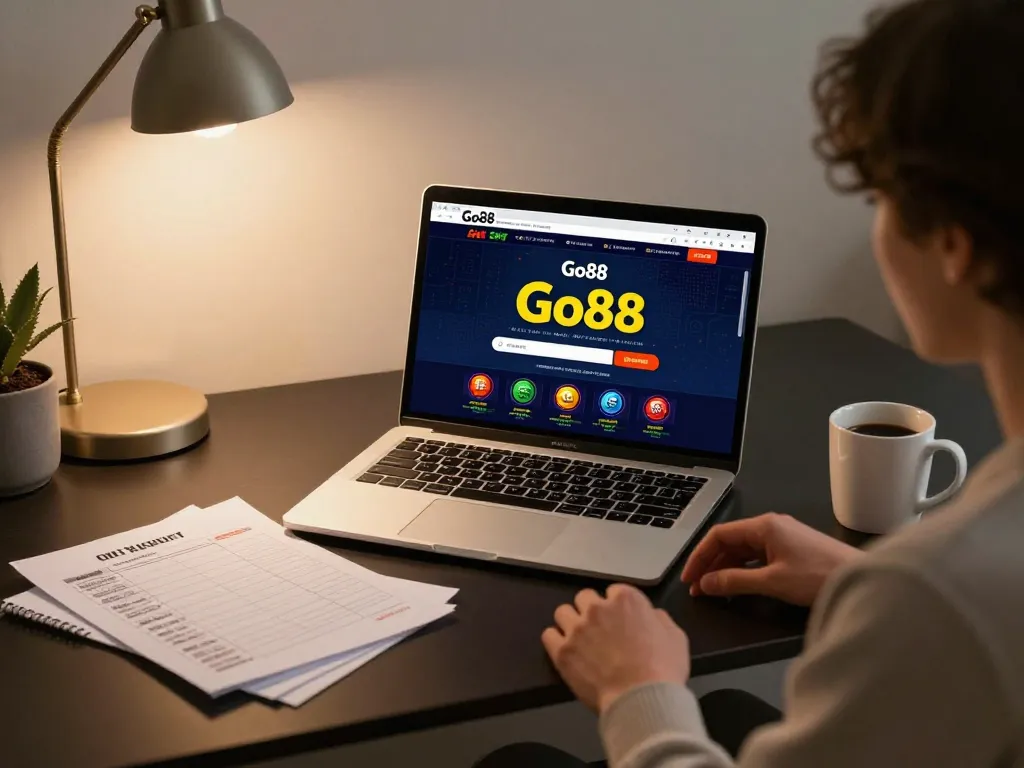 Engaging with Go88's online casino platform in a cozy home setting, showcasing responsible gaming practice.