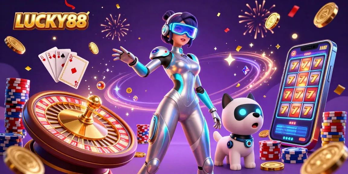 Experience thrilling gameplay at LUCKY88 with vibrant slot games and casino fun in a dazzling 3D scene.