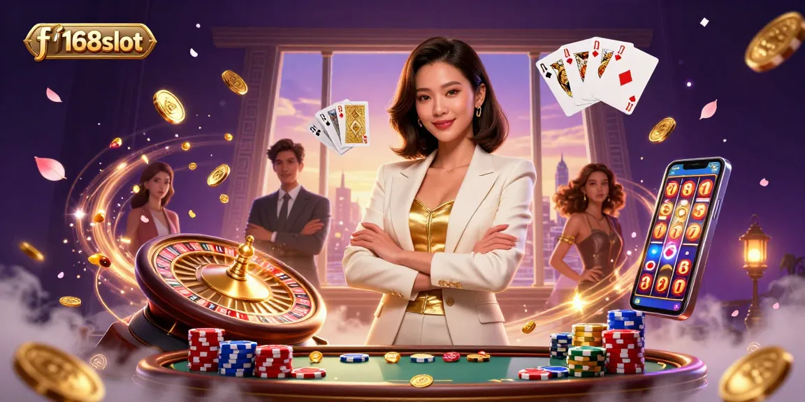 Experience the thrill of f168slot with a glamorous Asian dealer in a bustling casino scene.