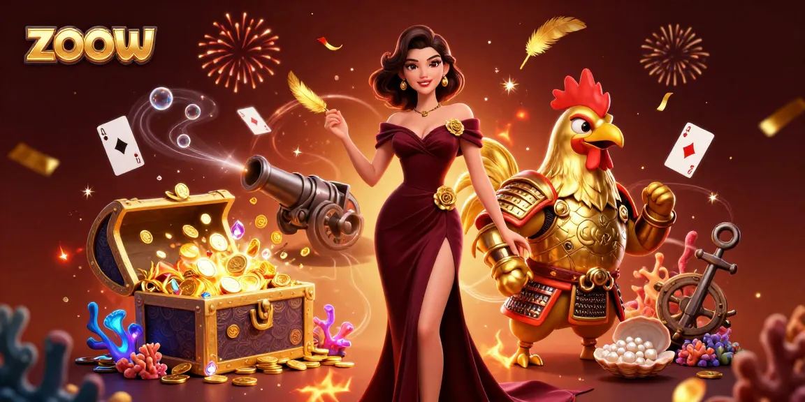 Engage with zoow's vibrant casino world featuring a glamorous woman and a golden rooster warrior.