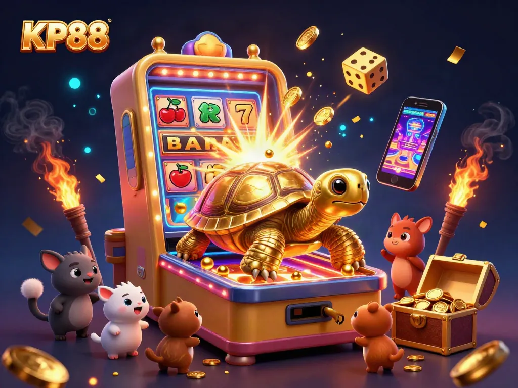Spin and win at KP88 with vibrant slot machines and golden tortoise, thrilling casino experience.