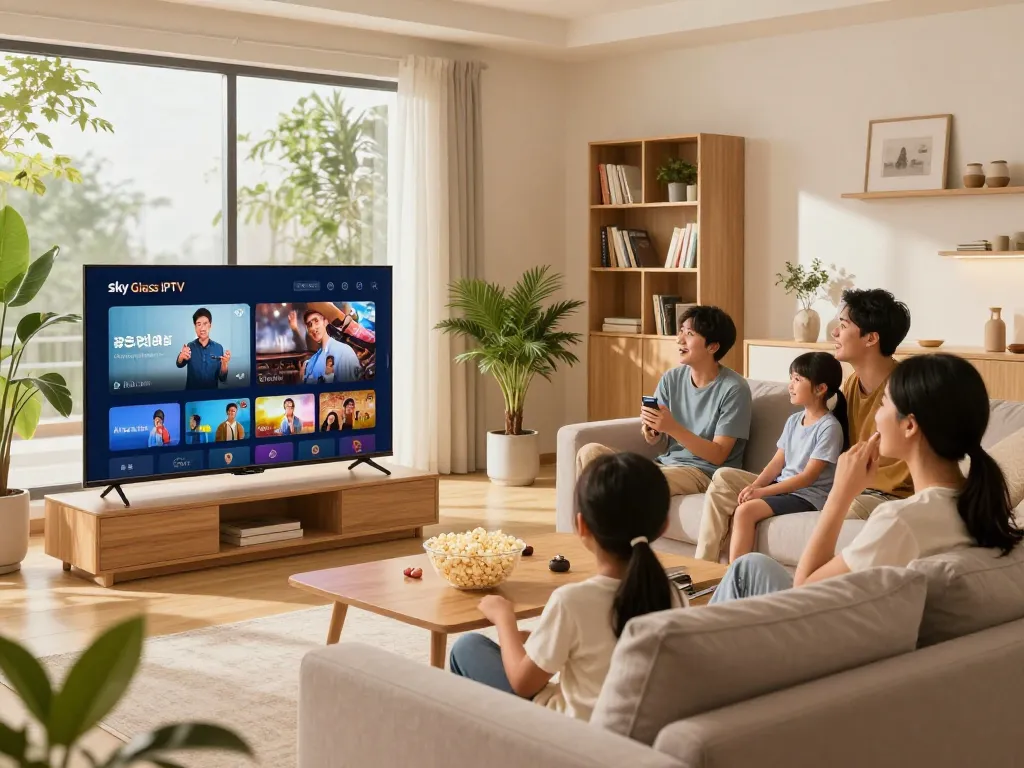 Sky Glass IPTV installation Guide showcasing a family happily enjoying streaming content on their Smart TV in a cozy living room.