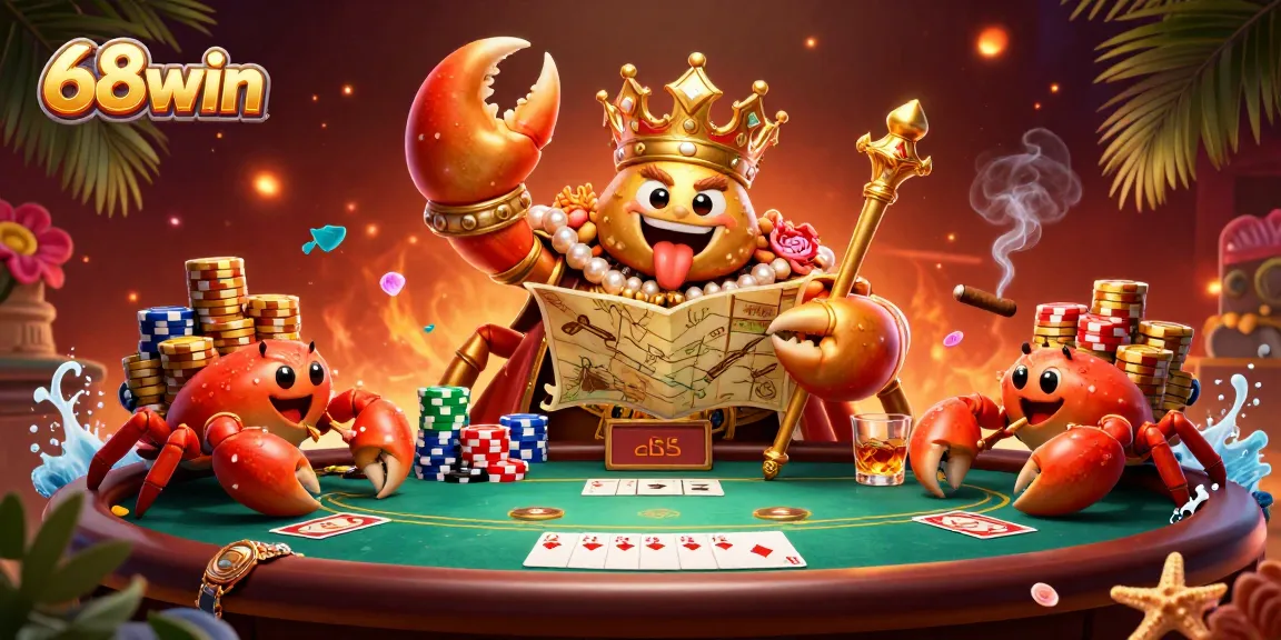 Engage in exciting poker action with the vibrant 68win casino illustration featuring a golden crab emperor.