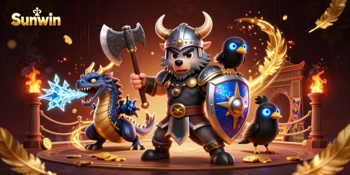 Engage with epic Sunwin gaming action featuring a Viking wolf warrior, fierce dragon, and raven in a dynamic casino scene.