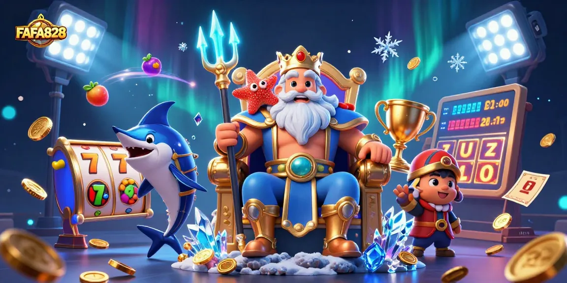 Experience FAFA828's vibrant gaming elements with Neptune and friends in this dynamic casino illustration.